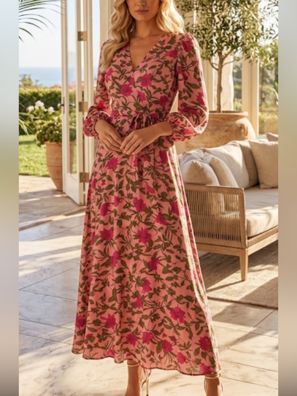 New Beyond By Vera Elegant Pink Floral Long Sleeve Dress Size M 100% Viscose